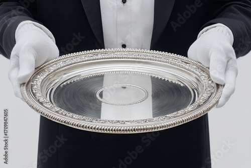 A butler in formal wear holds a round, ornate silver platter
