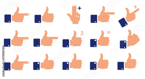 Collection of hand gestures with thumbs up and pointing fingers.