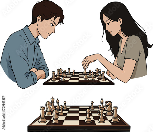 Couple playing chess, strategic thinking moment, board game concentration pose, intellectual activity scene, character interaction illustration, vector logic concept
