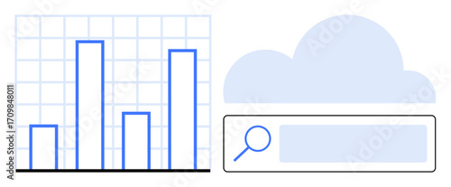 Bar chart analytics beside a cloud graphic with search bar interface. Ideal for data storage, cloud technology, analytics, file management, search function, SaaS, simple landing page