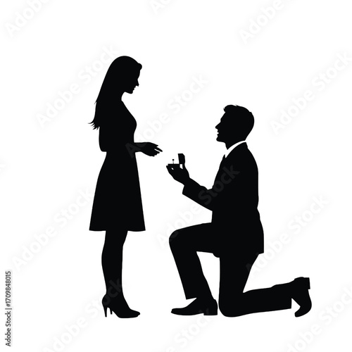 Silhouette of man proposing marriage to woman holding engagement ring vector graphic silhouette