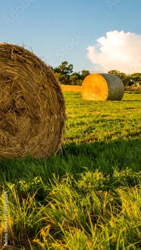 Two large hay bales in a field at sunset