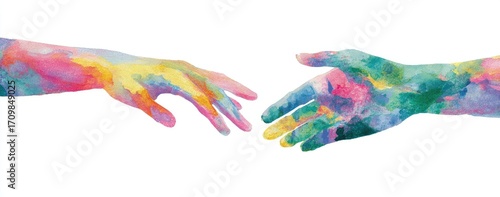 Panel kuchenny z motywem Two colorful hands reaching towards each other, painted with vibrant hues