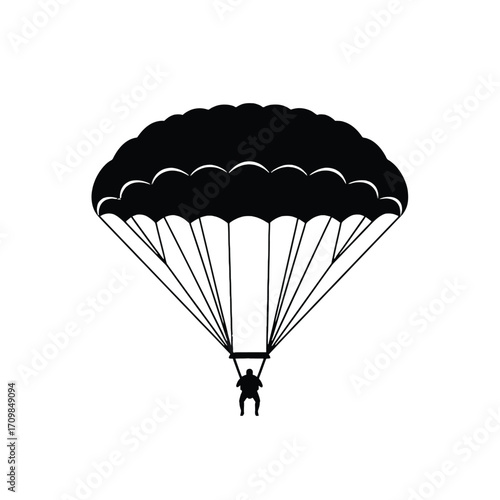 Dynamic parachute descent illustration with silhouette of skydiver falling safely vector art silhouette