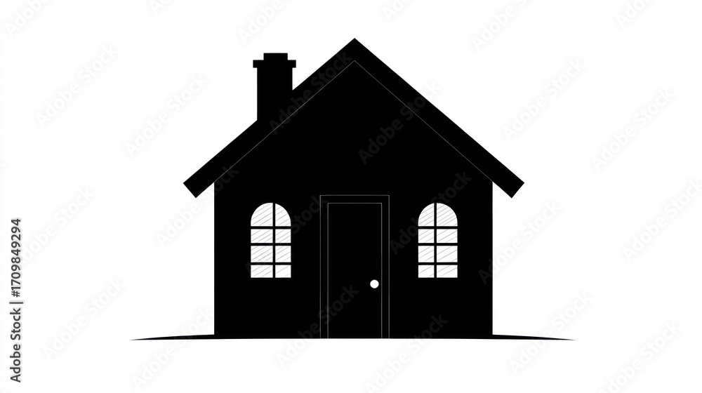 Fototapeta premium Simple black silhouette of a house. A classic home icon, front view, with a chimney and windows