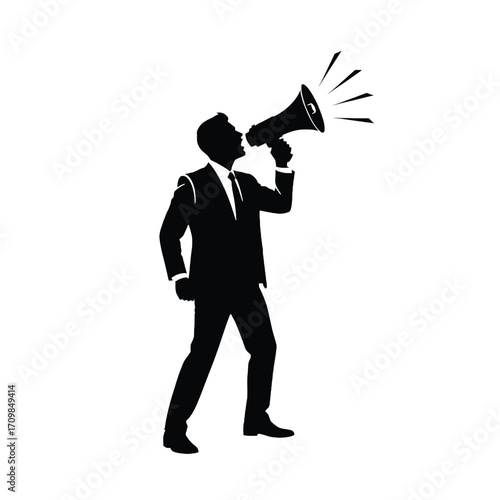 Silhouette of a businessman in a suit announcing loudly with a megaphone silhouette