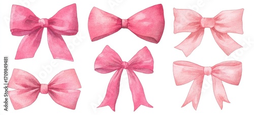 Watercolor pink bows in various styles