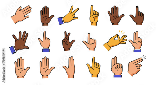 Diverse hands gestures illustration: various skin tones, finger positions, and hand signals.