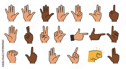 Diverse hands in various gestures, including open palms, peace signs, pointing, and a fist, showcasing different skin tones.