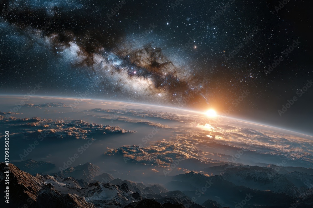 Fototapeta premium Stunning landscape featuring the Milky Way galaxy during sunrise over Earth with majestic mountains and clouds below