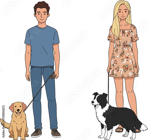 Couple walking dogs, pet companionship scene, dog breed diversity moment, outdoor lifestyle pose, leash holding illustration, vector animal concept