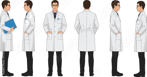 Full Body Male Doctor Character Model Sheet with Front, Side, and Back Views in Professional Lab Coat for Medical Animation