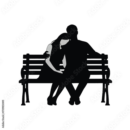 Romantic couple silhouette embracing on park bench vector illustration for love and relationship concepts silhouette