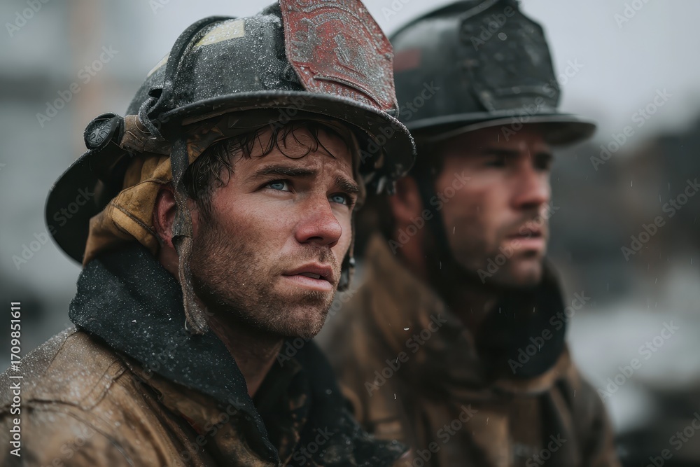 Fototapeta premium Firefighters responding to an emergency, battling flames while facing challenging weather conditions in a city environment