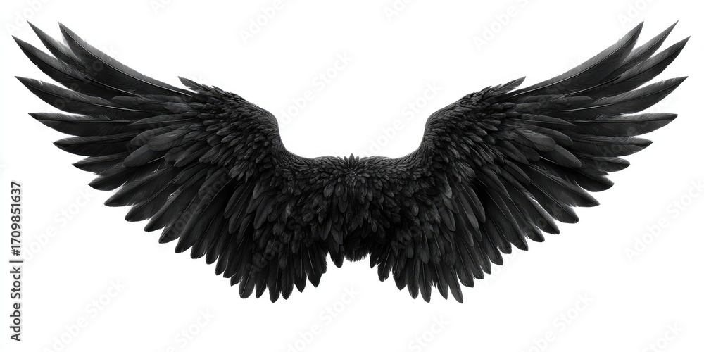 Obraz premium Dark, detailed angel wings spread wide against a white background