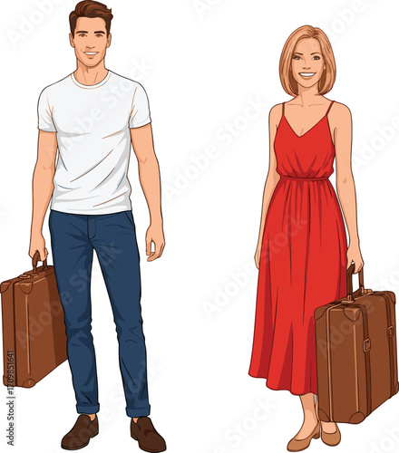 Couple with suitcase, travel preparation scene, stylish tourists, summer outfit, departure moment, vector illustration, journey concept, vacation lifestyle pose