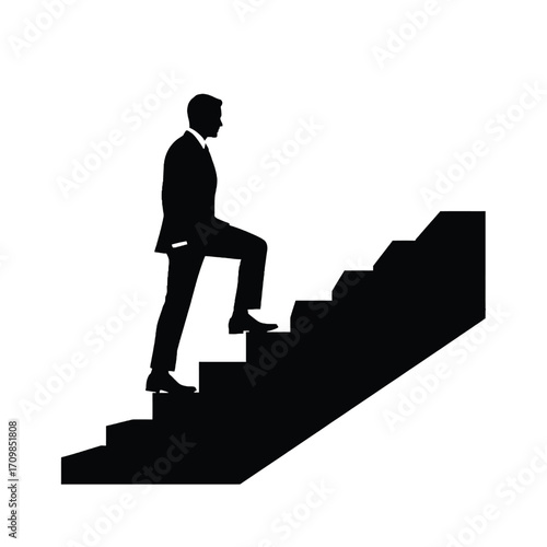 Silhouette businessman climbing stairs towards success and career growth opportunity silhouette