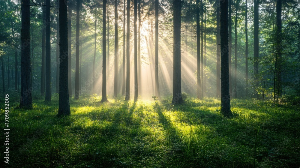 Obraz premium Sunlight streams through a misty forest