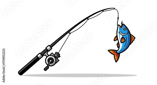 Cartoon fishing rod with a blue fish on a hook fishing equipment and fishing concept design