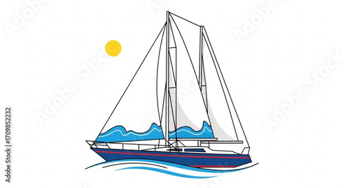 A sailboat, sailing on the sea under the sun, showcasing its white sails and blue hull