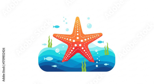 Illustration of a vibrant starfish resting on a seabed with seaweed and bubbles, summer vibes