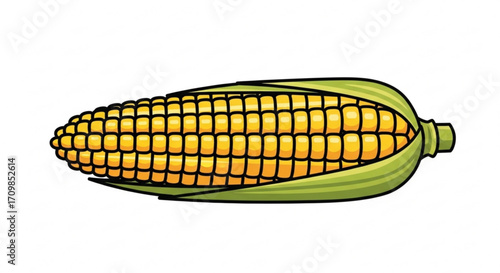 Illustration of a ripe ear of corn with green husk, a staple food and a symbol of harvest and plenty