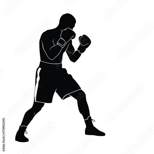 Dynamic silhouette of a boxer in fighting stance ready for combat and training silhouette