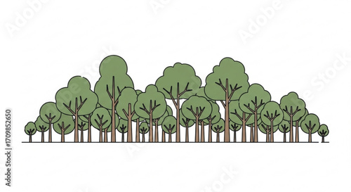 Illustration of a lush green forest with various trees, representing nature, conservation, and tranquility
