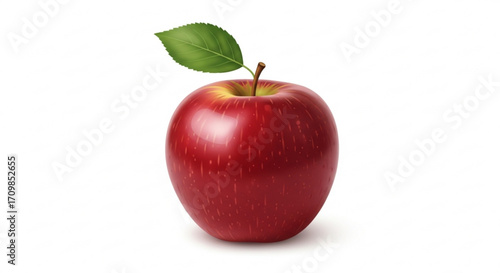 A ripe red apple with a green leaf, a popular fruit symbolizing health, knowledge, and temptation