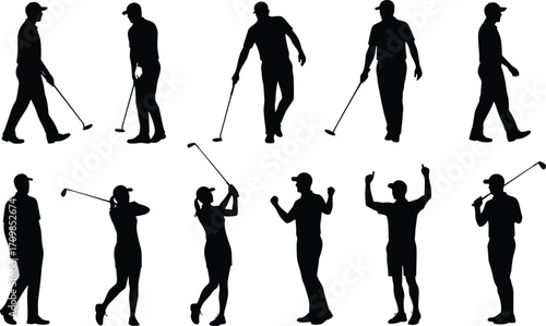 Golf Player Silhouettes with Golf Clubs, Men and Women Playing and Celebrating Golf, Sport and Outdoor Activity Concept