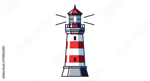 Illustration of a red and white lighthouse with a, , perfect for nautical themes