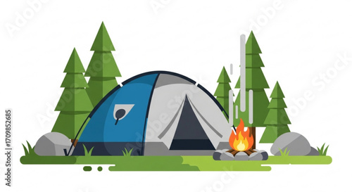 Camping tent with campfire and trees adventure and outdoor recreation in the forest concept