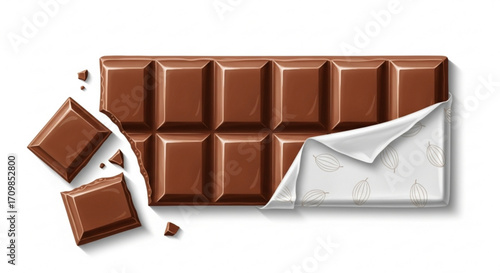 Milk chocolate bar with open foil wrapper, a sweet treat for dessert or snack time