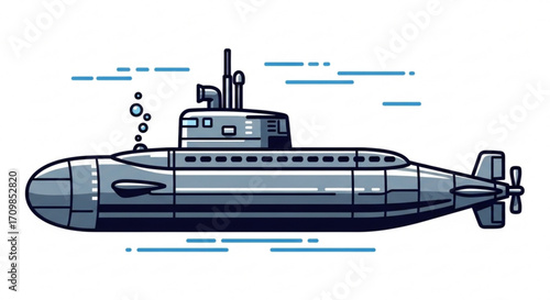 Illustration of a gray submarine with periscope and propeller, underwater vessel concept design