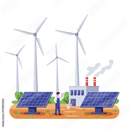Vibrant 2D flat vector illustration of a sustainable energy park, featuring large wind turbines, solar panels, and a technician at a power station.