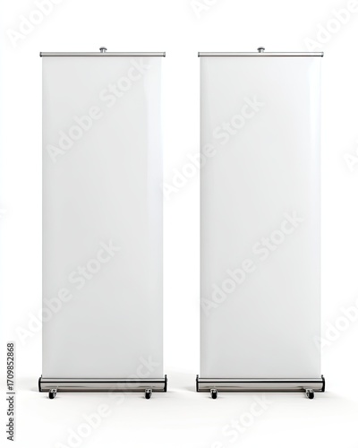 Two blank white roll-up banners, side-by-side, on a white background.  The banners are vertical and feature a retractable design with a metal frame