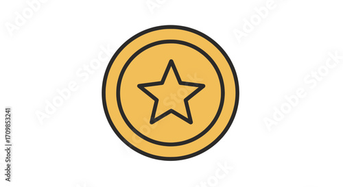 A simple line art icon of a gold coin with a five-pointed star in the center, isolated on a white background.