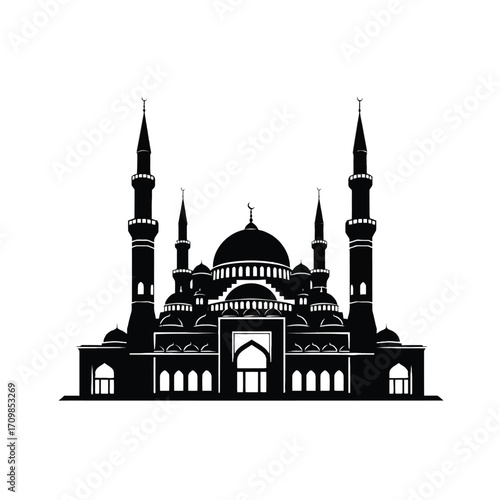Majestic islamic mosque architecture with minarets and domes vector illustration silhouette