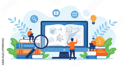 Tiny people study math formulas on computer screen online learning education concept