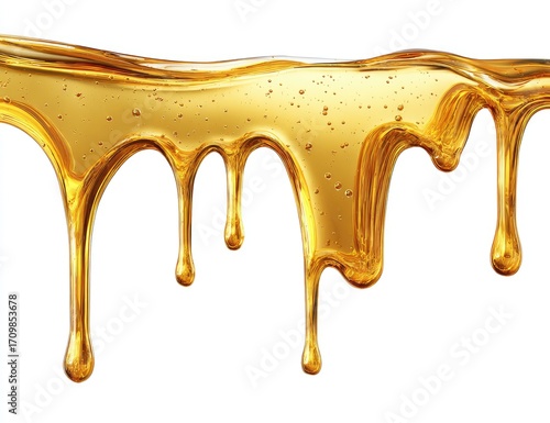Golden liquid drips down a white background