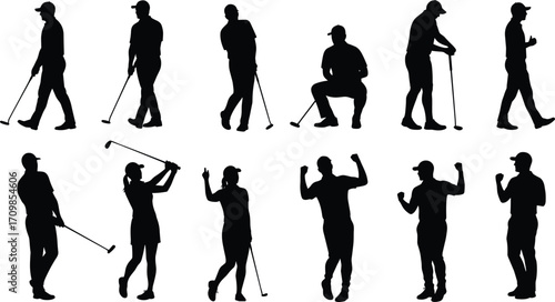 Golf Silhouettes of Male and Female Players with Clubs, Various Poses Including Swing, Walking, Celebrating on White Background