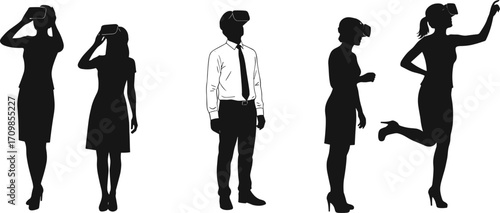 Group of business people using virtual reality headsets, diverse professionals experiencing VR technology, immersive digital interaction, modern office environment.