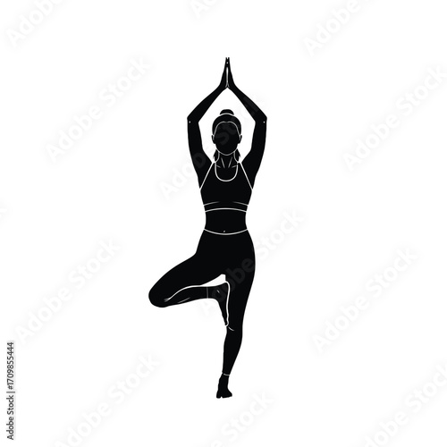 Silhouette of woman in tree pose yoga meditation and mindfulness fitness wellness activity silhouette