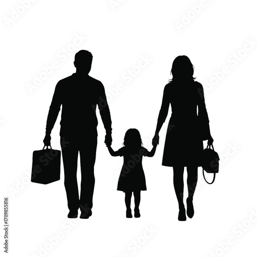 Silhouette family walking together holding hands shopping bags vector illustration silhouette