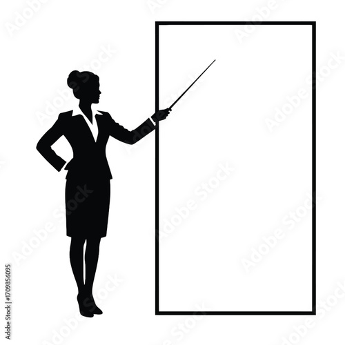 Professional woman silhouette presenting data on a blank board for business meetings and presentations silhouette