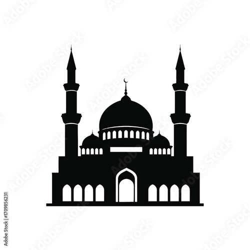 Elegant islamic mosque silhouette landmark architecture with minarets and dome iconic building vector silhouette