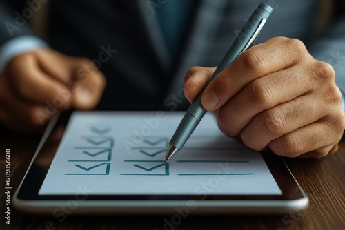 Close-up of businessmans hand ticking checklist item with digital pen on tablet illustrating task completion iso compliance and quality assurance