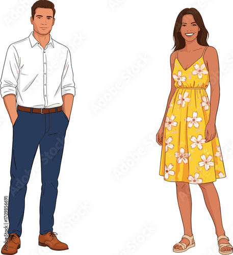 Fashion illustration with man and woman, floral dress and formal shirt, stylish outfit design, character pose, cartoon vector, casual elegance
