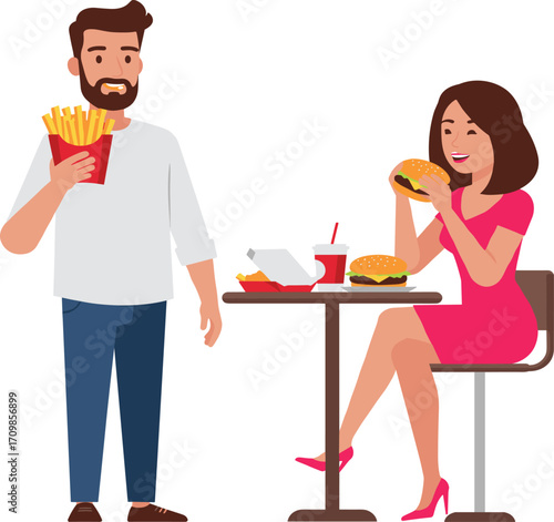 Fast food dining illustration, cartoon characters, casual meal, fries and burger, social interaction, character design, restaurant vibe, snack moment, lifestyle scene, takeout