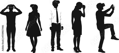 Group of diverse business people experiencing virtual reality, wearing VR headsets, immersive digital technology, futuristic office environment, innovative work experience.